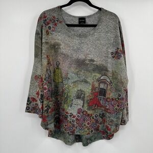 I Noah Womens Gray Floral Art Landscape Graphic Knit Top Large USA Gardencore